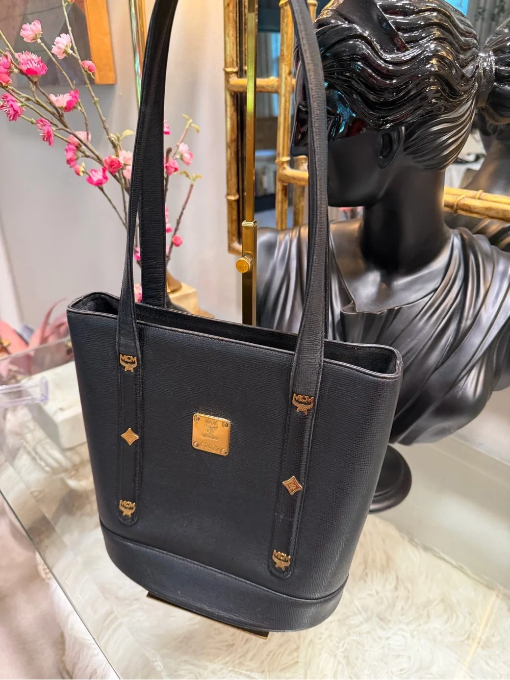 MCM Black Leather satchel zipper Tote with Gold charms + gold Logo Plaque C2072